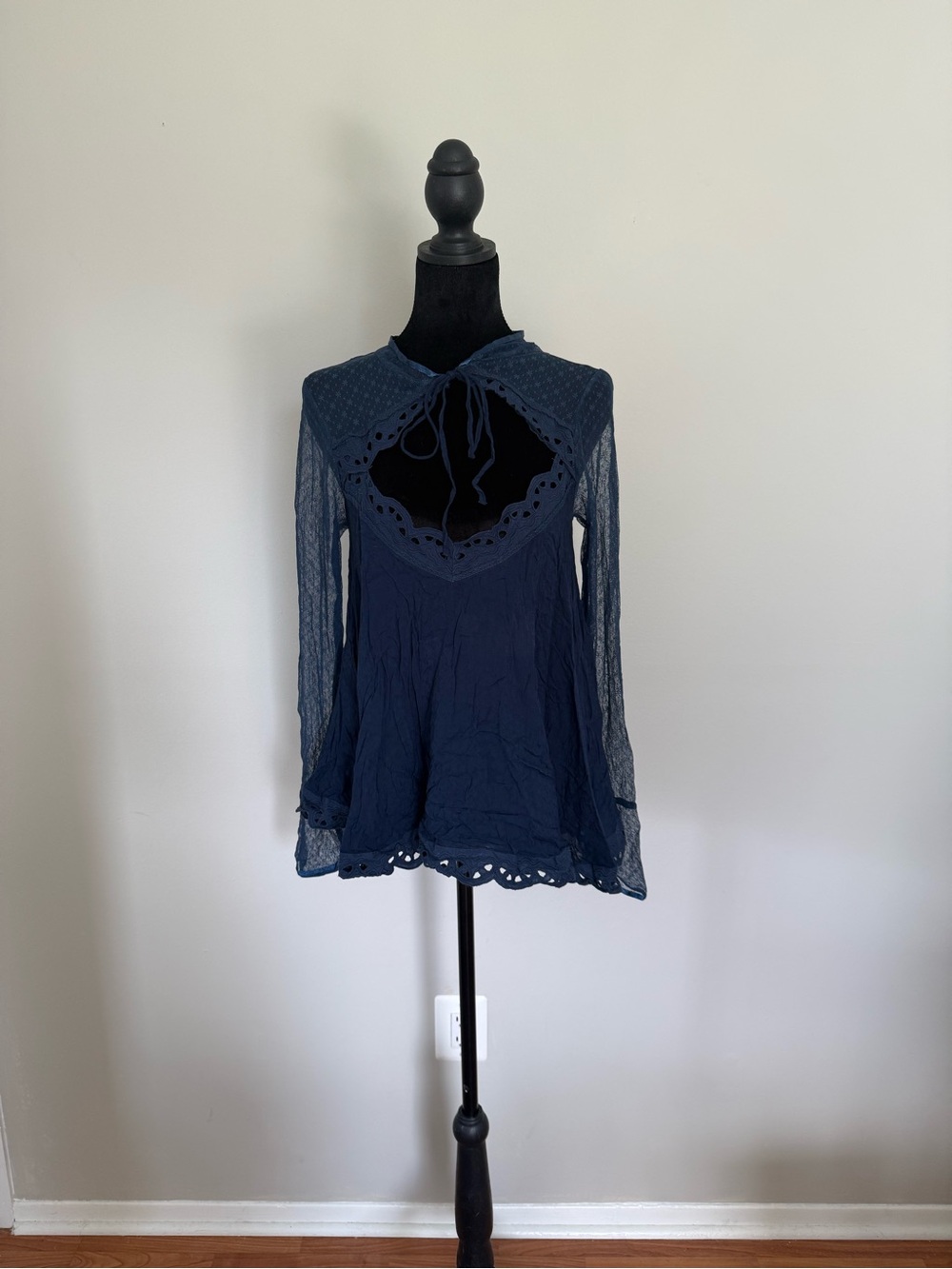 Free People Navy Eyelet Lace-Trim Long Sleeve Tunic